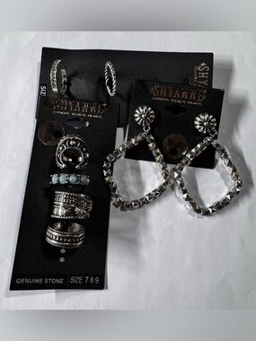 Shyanne Silver-Tone Turquoise Accent Stackable Rings & Studded Hoop Earrings